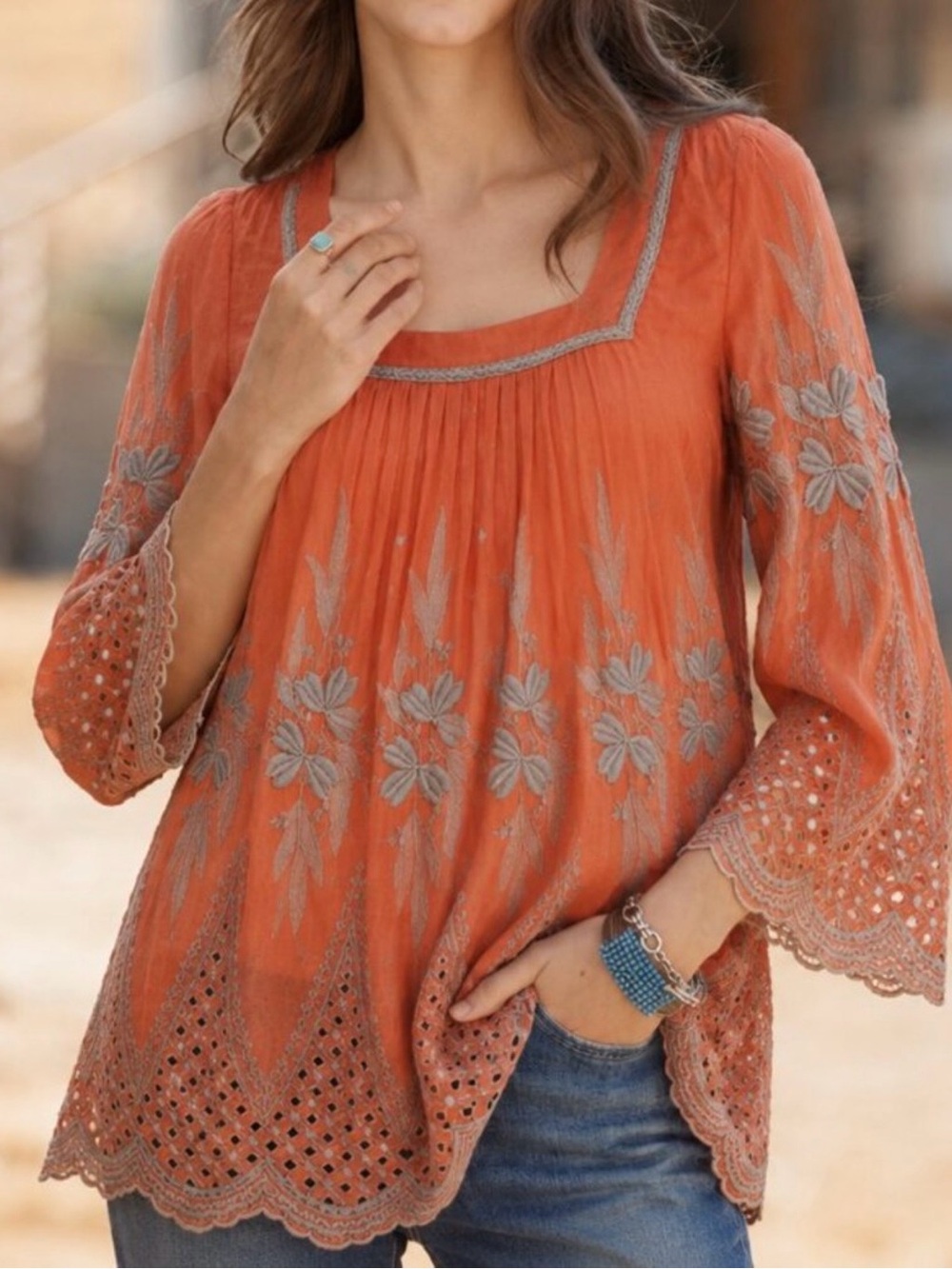 Blue Tassel Embroidered Top